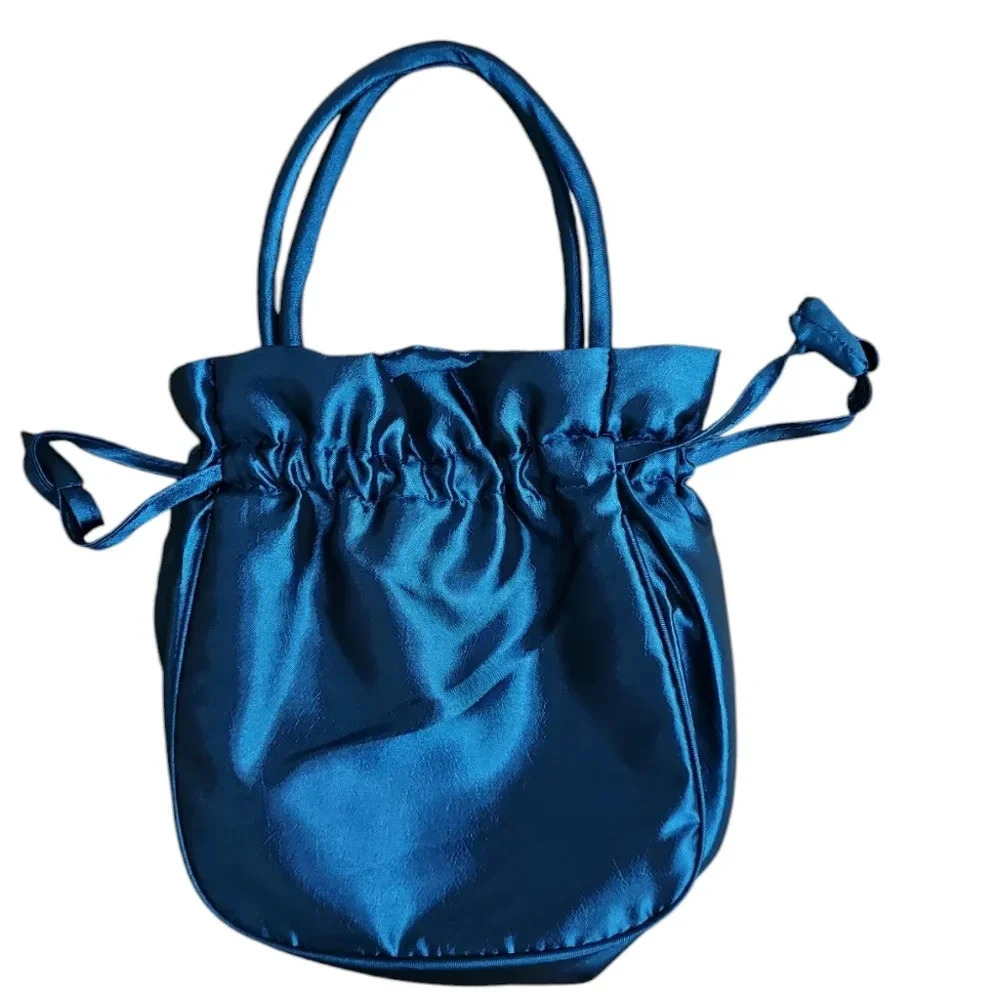 Vintage Women Small Handbag Navy Blue Satin Floral Drawstring Pristine Cottage - Picture 3 of 6
